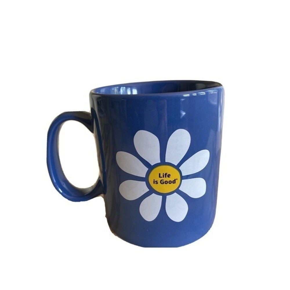 Life is Good Blue Daisy Ceramic Coffee Mug Microwave Dishwasher Safe Flower Cup